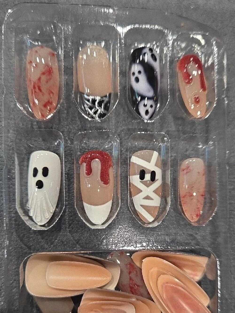 30Pcs Halloween Ghost Press on Nails Almond Spider Web, Mummy, Blood Drip